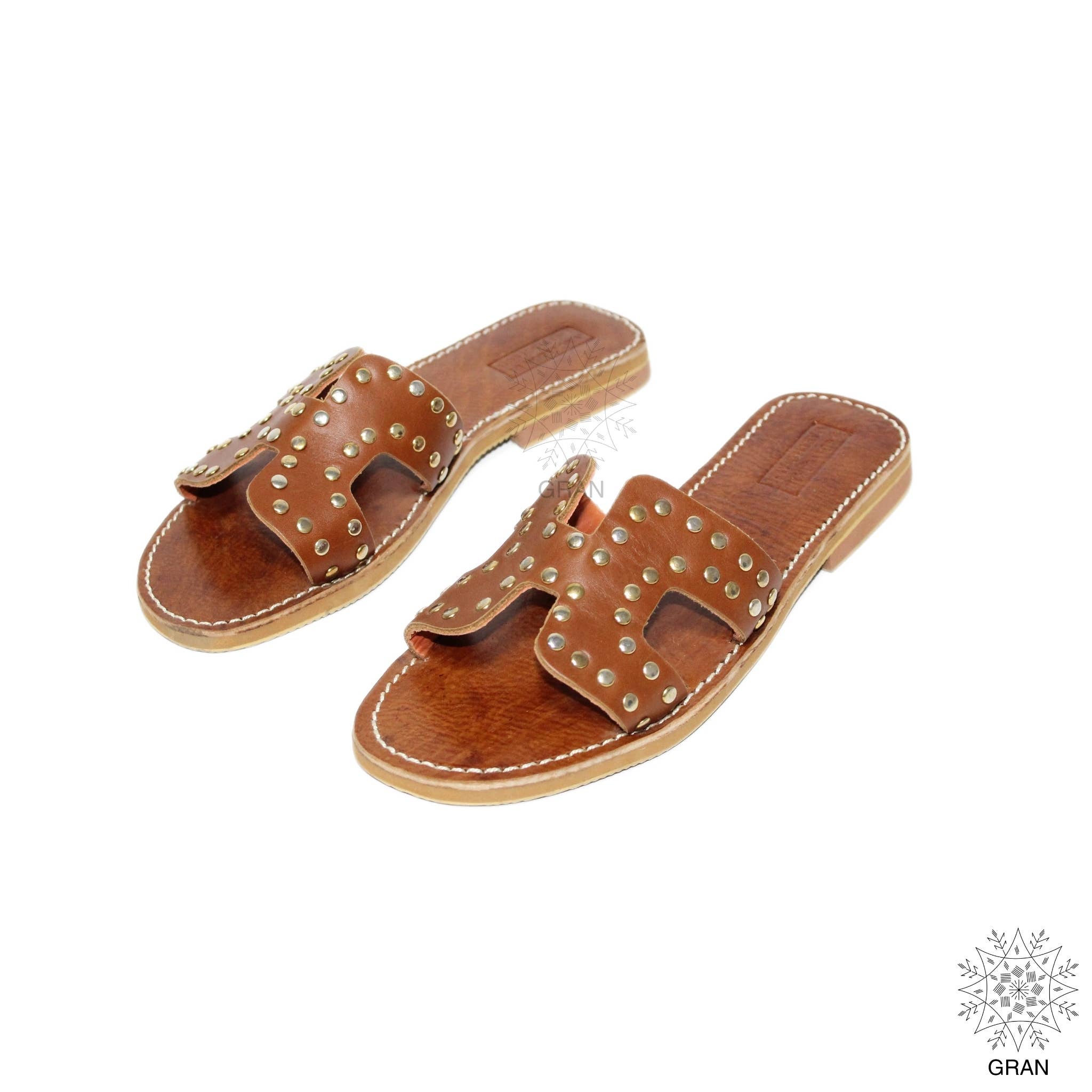 Gran Wholesale - Wholesale Sandals - Women's - Studded Leather Slide Sandals, Comfy Flat Strappy Footwear.4