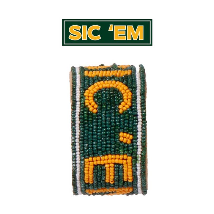 Baylor Sic 'em Bears Beaded Cuff in Green and Gold by Desden for wholesale by Desden