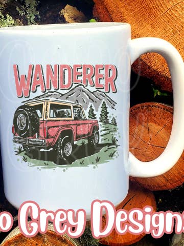 Wanderer Coffee Mug 15 oz doublesided adventure outdoorsy for wholesale by CaRo Grey Designs