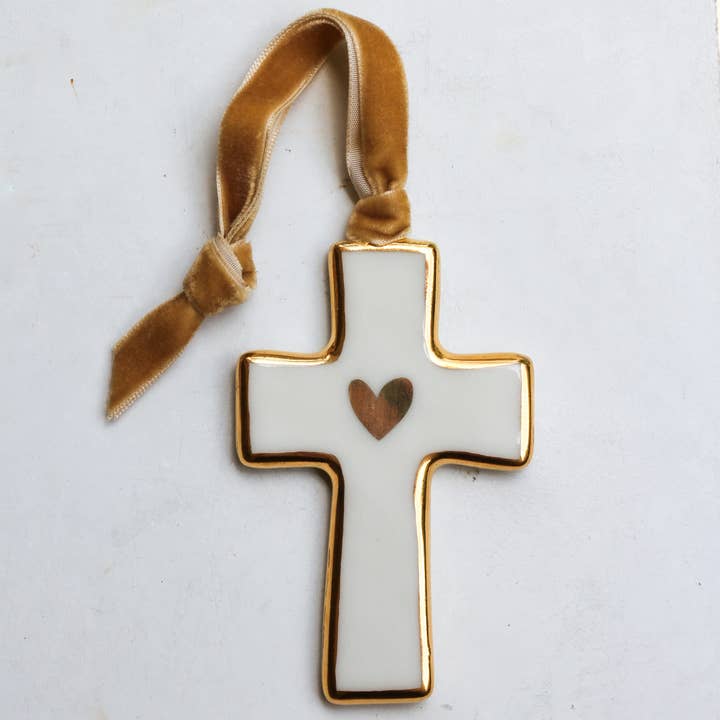 Apricity Ceramics - Wholesale Ornament - Cross Ornament with Gold Heart | Handmade