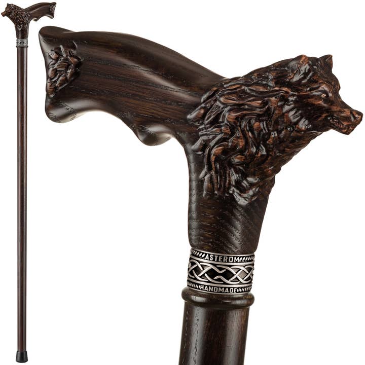 Carved Wolf Wood Cane – Custom Walking Stick for Seniors for wholesale by Asterom Canes