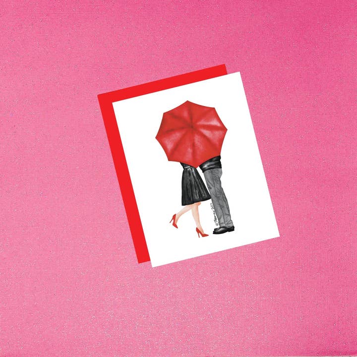 Couple sous un parapluie rouge carte peinte à la main Saint-Valentin pour la vente par Tiffany Ascensio Designs | Watercolor Greeting Cards