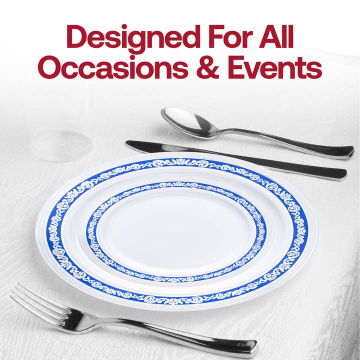 Smarty had a Party - Wholesale Disposable plate - 10.25" White Blue Silver Royal Rim Dinner Plates - 10 pcs6