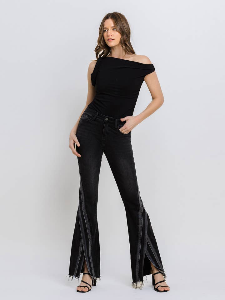HIGH RISE SPLIT HEM SUPER FLARE JEANS T5928L for wholesale by VERVET by FLYING MONKEY