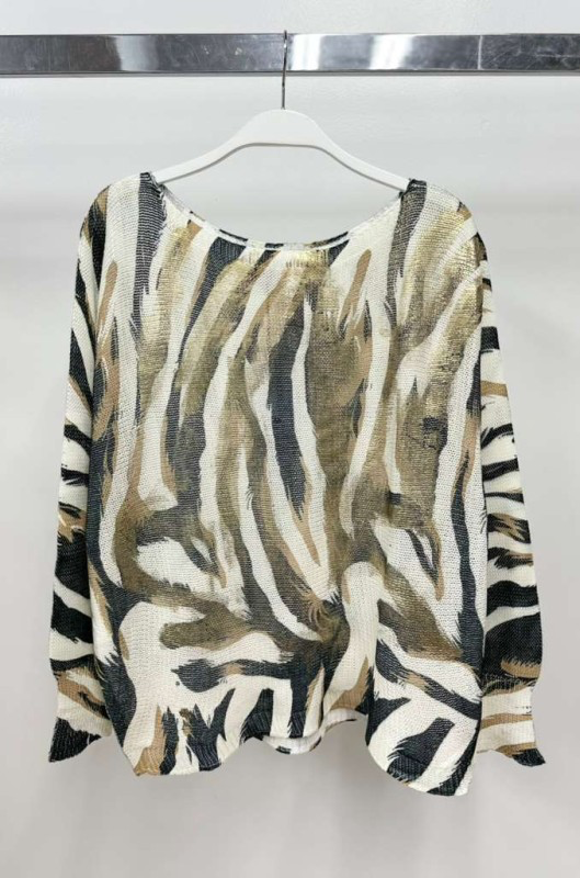 VENTI6 - Vente Pull en maille – femme - PULL EN MAILLE AVEC IMPRIMÉ TIGRE EN FEUILLE D'OR (90668-9066-FOILTIGER)4