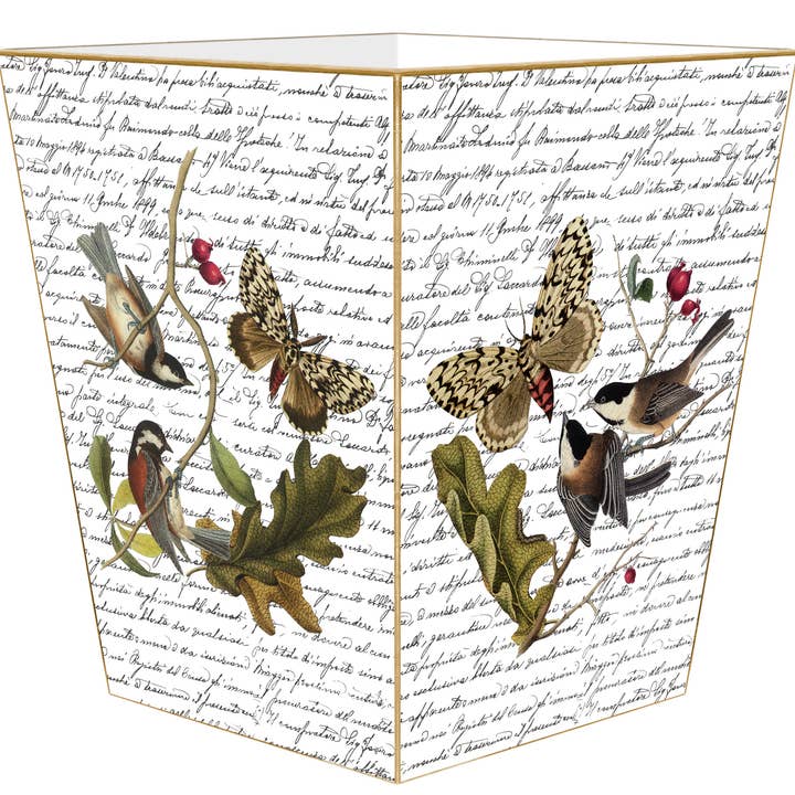 WB350-Birds with Butterflies on Writing Wastepaper Basket for wholesale by Marye-Kelley