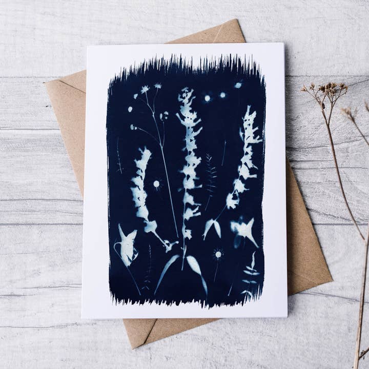 Blue Botanical Floral Greeting Card - Spring Bouquet Print for wholesale by Far Mountain Studio