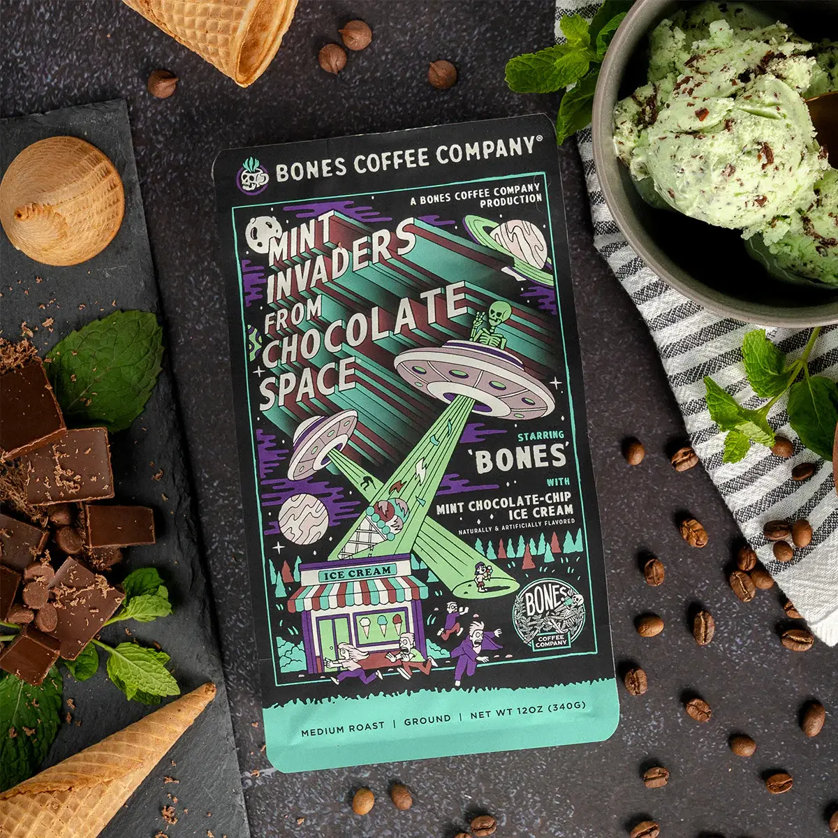 Bones Coffee Company - Wholesale Coffee beans - Mint Invaders Flavored Coffee | 12oz | Whole Bean & Ground6