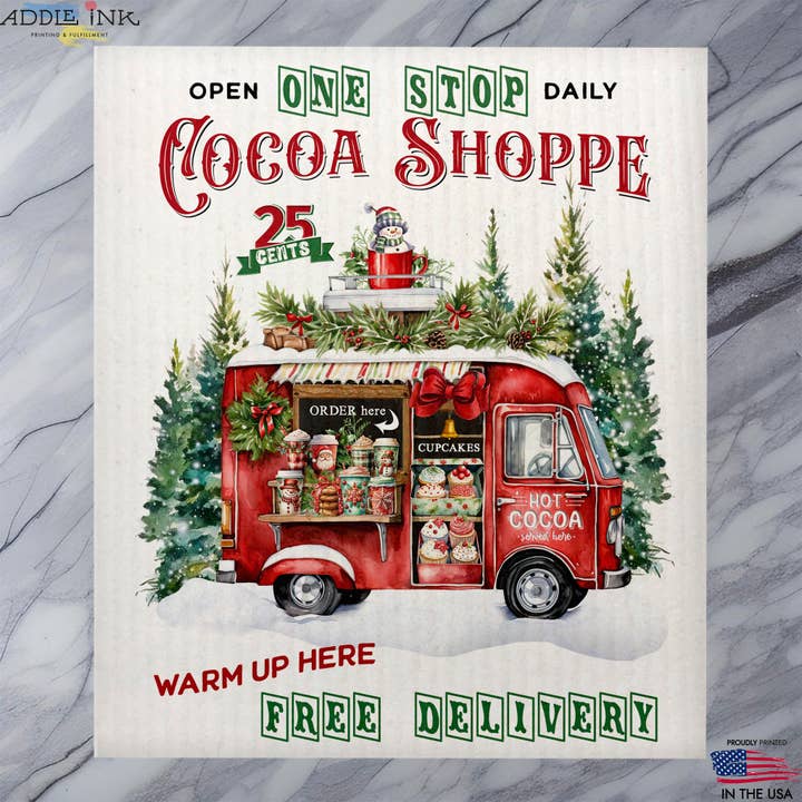 Mobile Hot Cocoa Truck Winter Christmas Dishcloth for wholesale by ADDLE iNK