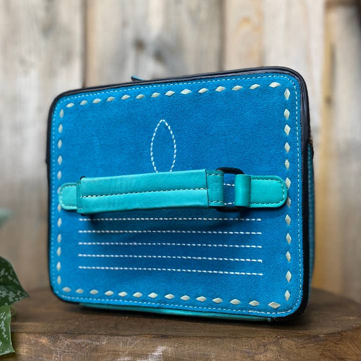 Western Linens - Wholesale Jewelry Box/Organizer - Turquoise BootStitch Suede Leather & Tooled Jewelry Box