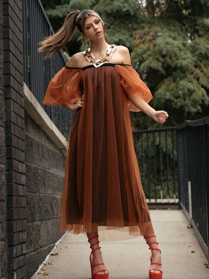 Cinnamon Off Shoulder Tulle Dress for wholesale on Faire