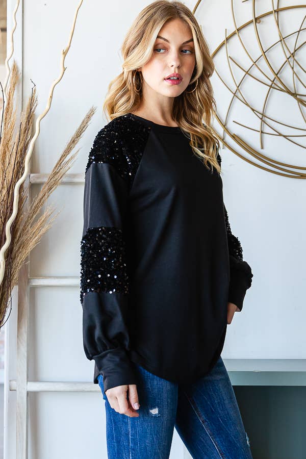 7th Ray - Wholesale Sweatshirt - Women's - [PLUS SIZE] Brushed Sequin Contrast Pullover Top T5341XL5
