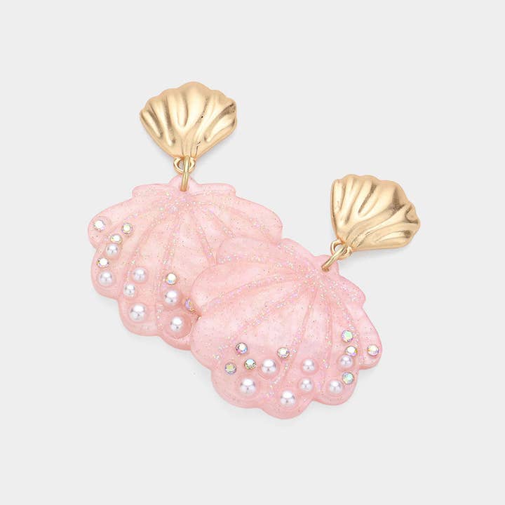 Sensibling Corp. - Wholesale Dangle Earrings - Stone Embellished Resin Seashell Dangle Earrings