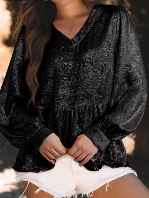 Lovesoft – wholesale Blus - Dam – Guld Metallic Volangerad V-ringad puffärm Babydoll-blus8