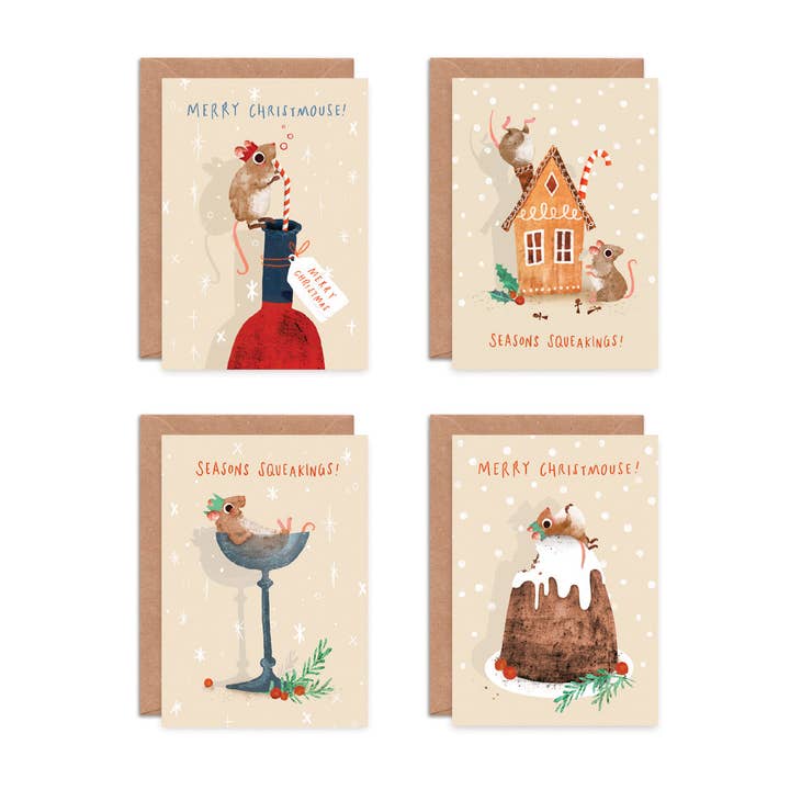 Emily Nash Illustration Greeting Cards - Wholesale Christmas Card - Christmas Mice Greeting Card Multipack x 8 | Cute Mouse Card7