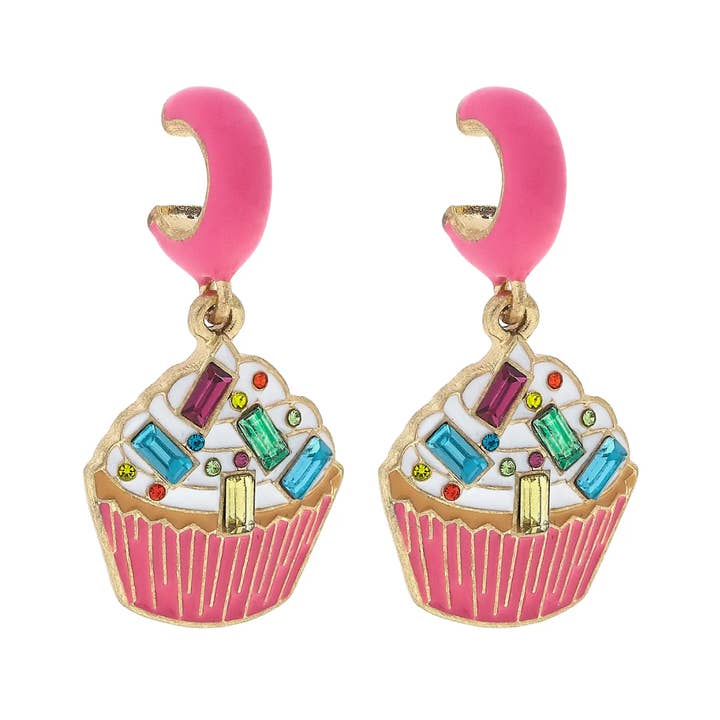 Bejeweled Birthday Cupcake Huggie Hoop Earrings in Pink for wholesale by Canvas Style
