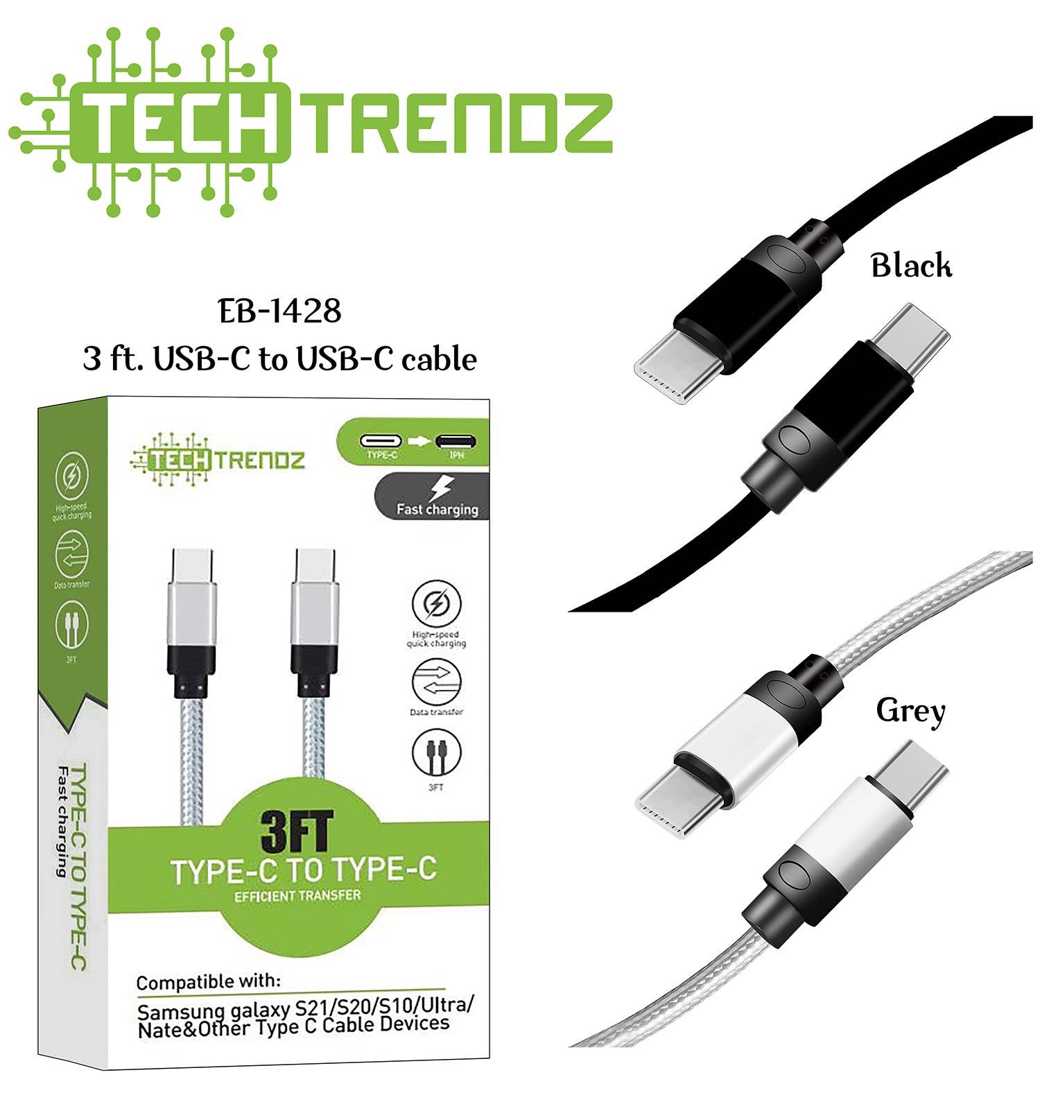 Tech Trendz - Wholesale Charging Cable - 3FT. USB-C to USB-C Cable0