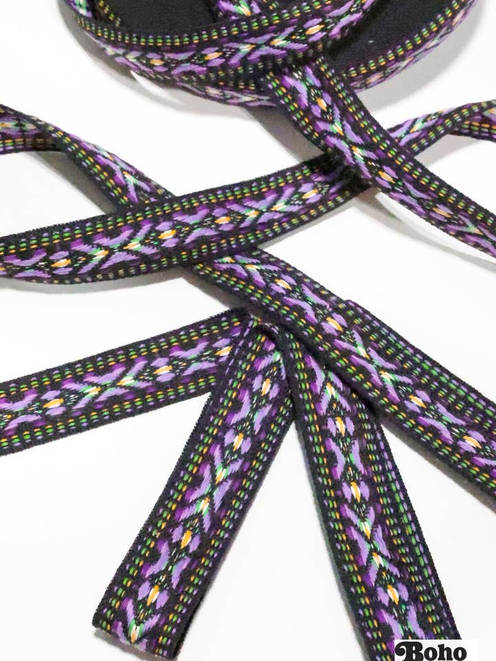 36 Yard Roll - Summitline in Purple. 1" Vintage Jacquard Woven Trim. TRIM-053 for wholesale by Boho Fabrics