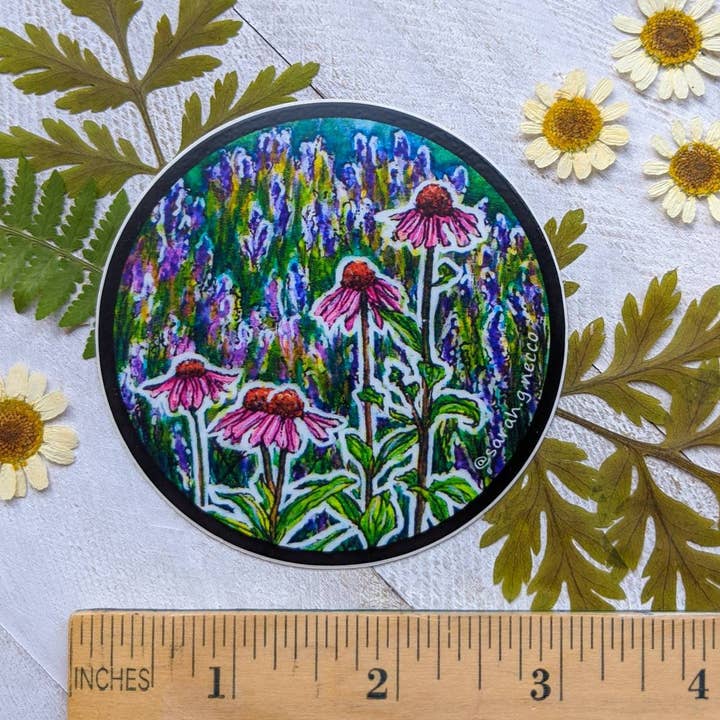 BarnHouse Studios - Wholesale Sticker - Echinacea Flowers and Lavender, 3" Circle Vinyl Sticker