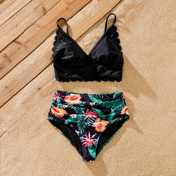 Sort Familie tropiske blomsterbadebukser eller Shell Edge Bikini for engroshandel på Faire4