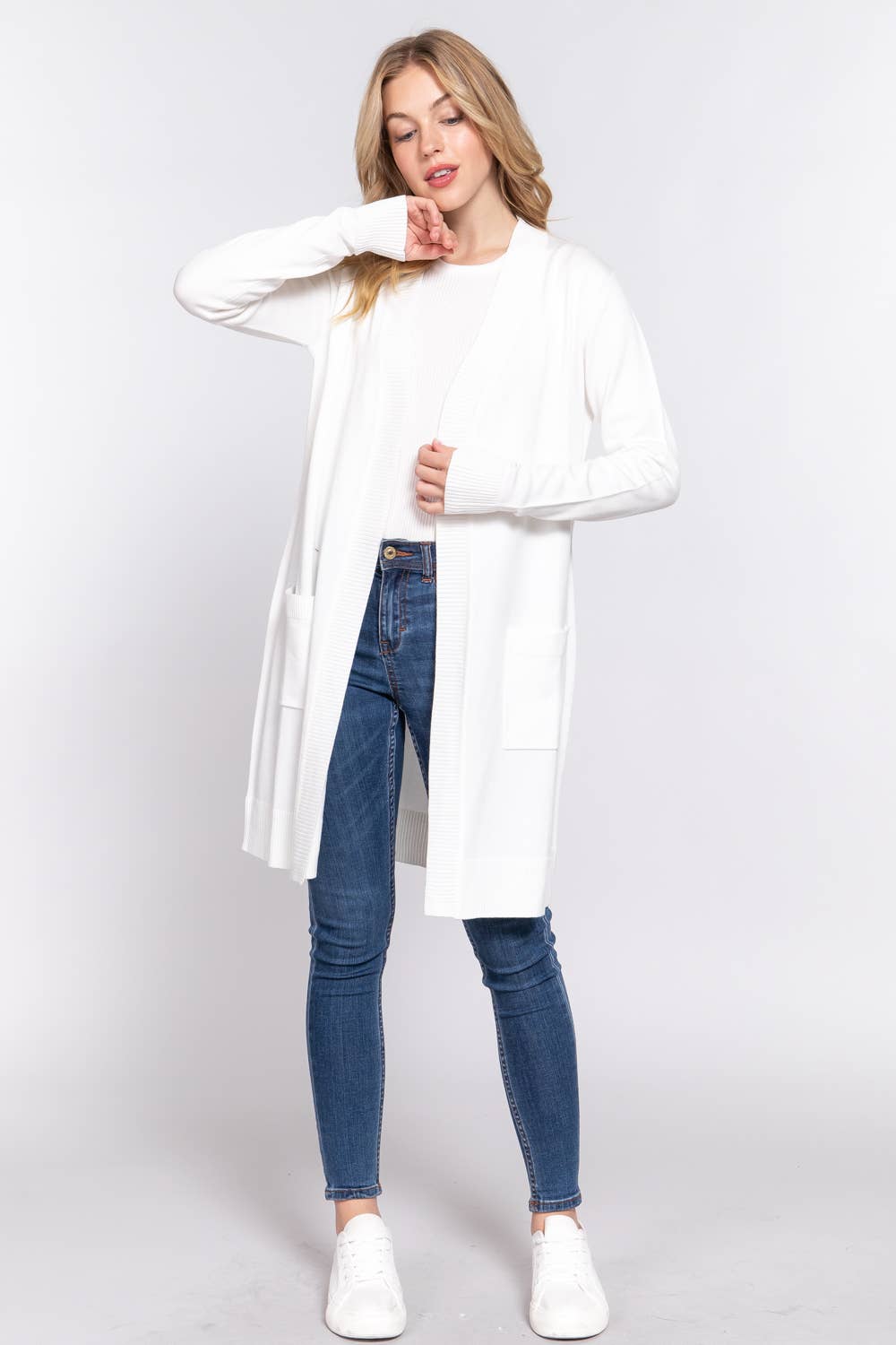 Active Basic | Active USA - Vendita all'ingrosso Cardigan - Donna - Cardigan tunica aperto a costine con maniche lunghe e banda6