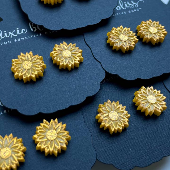 Sunflower Stud Earrings in Vintage Gold Glitter for wholesale by Dixie Bliss