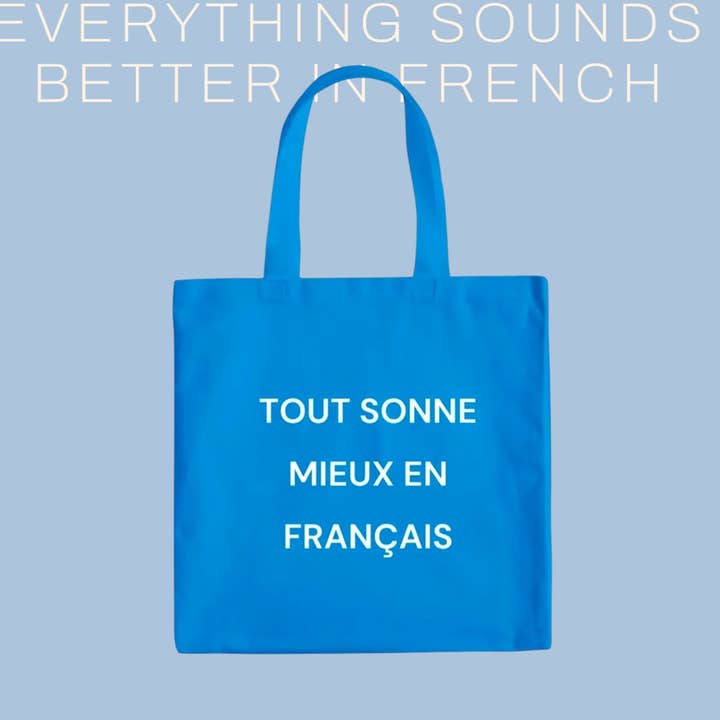 Funny (and Chic!) French Bright Blue Reusable Tote Bag for wholesale by Twin Palms Print Children's Books & Greeting Cards