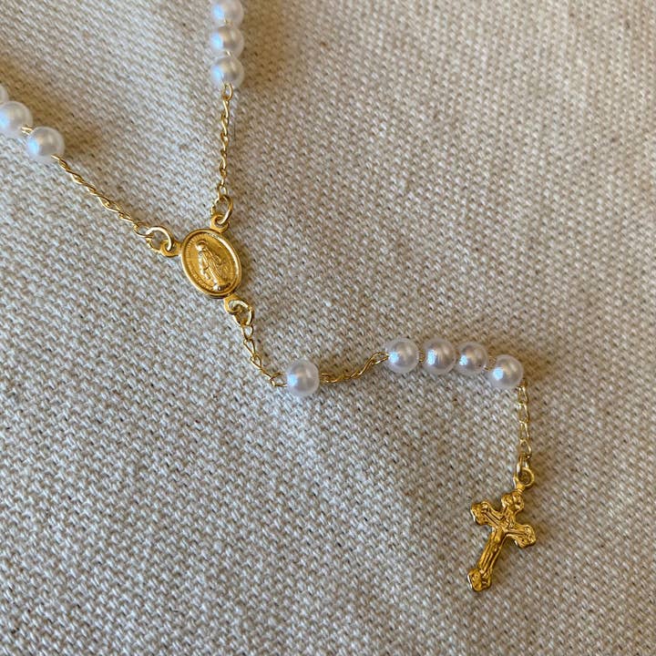 GoldFi - Wholesale Prayer Beads Necklace - 18k Gold Filled Our Lady of Graces Pearl Rosary Necklace
