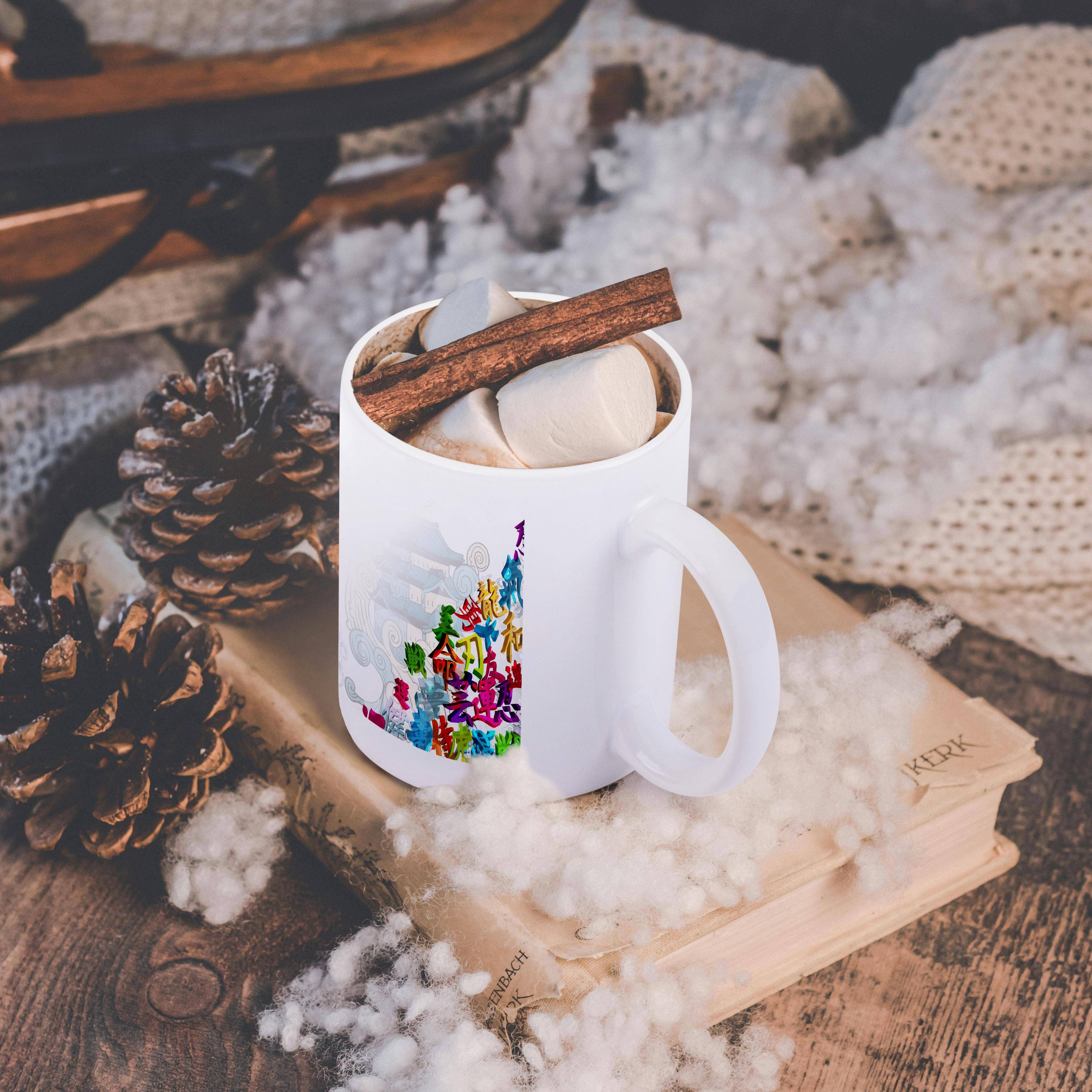 3dRose - Wholesale Coffee Mug - 3dRose, Colorful Rainbow Japanese Kanji Symbols And Pagoda And Waves Oriental Asian Style Vector Design, Mug11