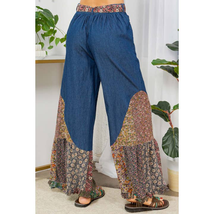 Young Threads - Wholesale Pants - Women's - Boho Flare: Overdyed Denim Bellbottom Pants with Printed