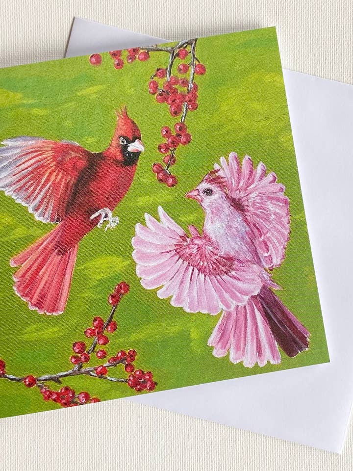 Red Birds and Berries Premium Greeting Card for wholesale by Lucinda Cotter Art