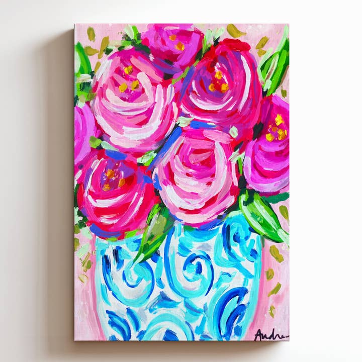 Vase en pot de gingembre avec roses - Impression sur toile de bouquet floral - Peinture d'art floral pour la vente par Audra Style