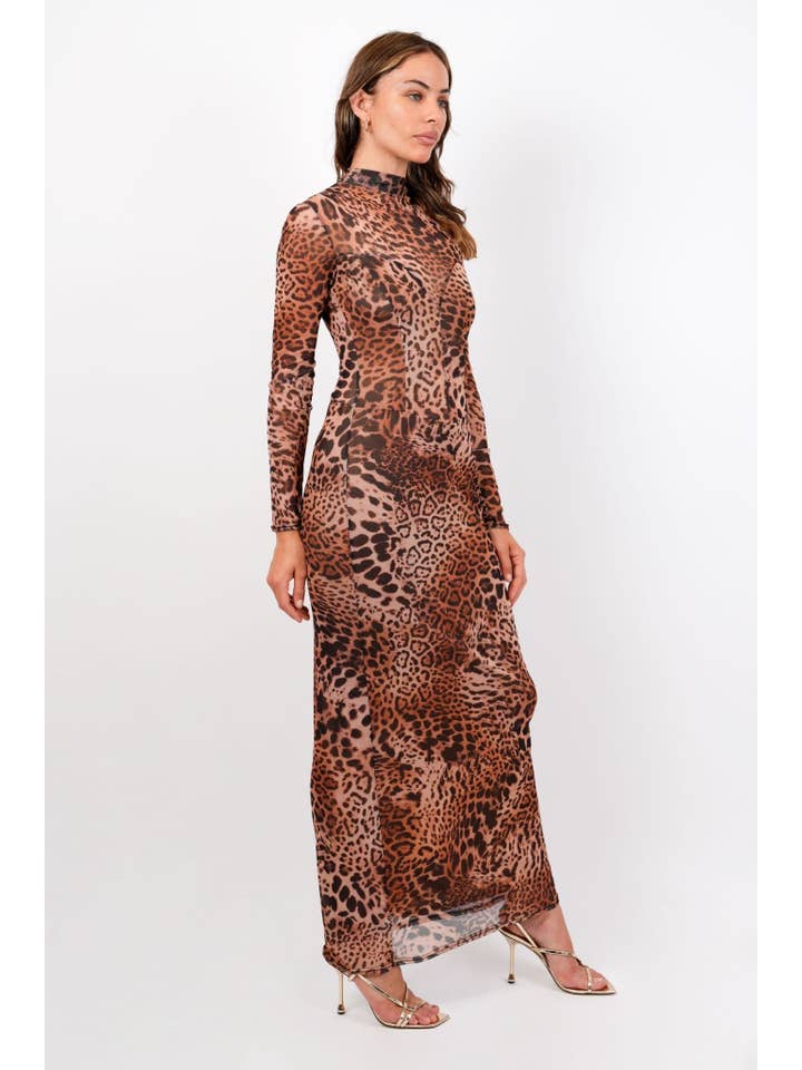 Jaded Rose – wholesale Klänning - Dam – Mia Leopard Mesh Maxiklänning - Hög hals Långärmad