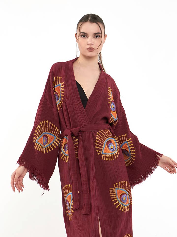 Yaz Concepts - Wholesale Kimono - Women's - Burgundy Evil Eye Print Bathrobe Festival Kimono Robe 2