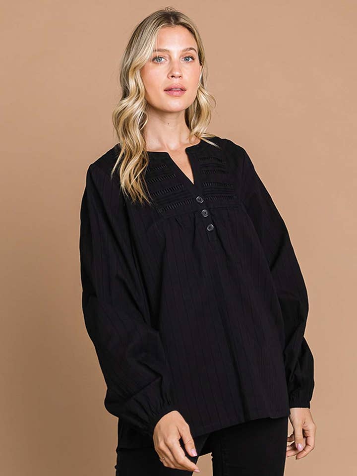 64088W - Cotton Jacquard Ladder Trim Detailed Women's Top for wholesale by Cotton Bleu