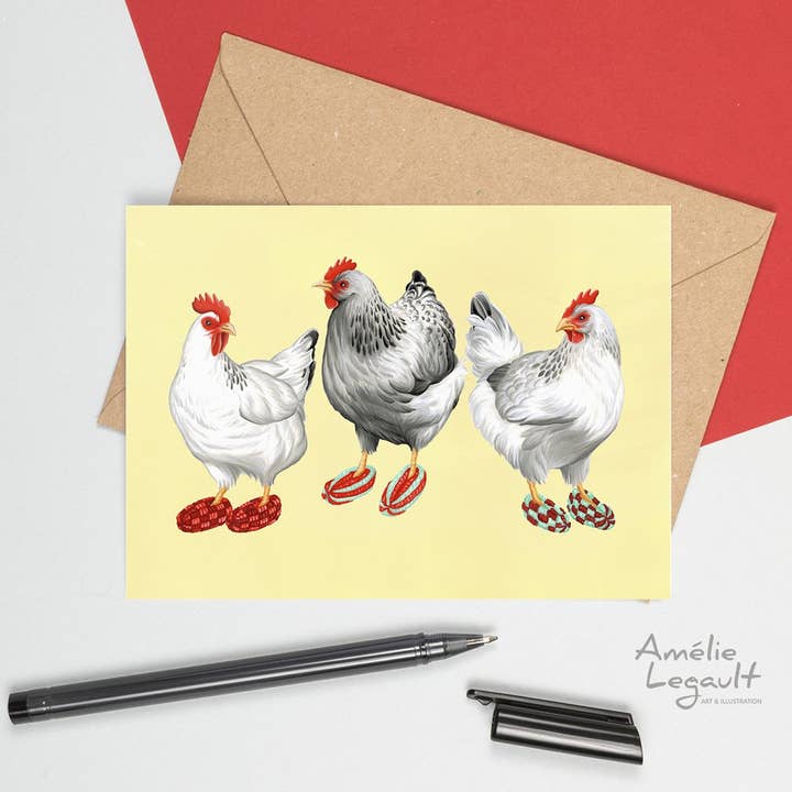 Sardines Studio - Wholesale Everyday Greeting Card - Hens wearing Phentex Slippers Greeting Card