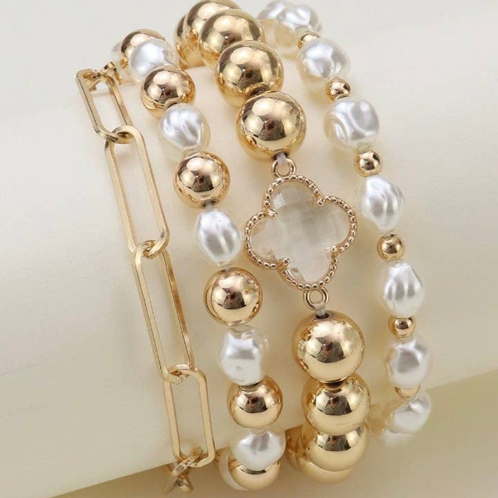 MiMi Wholesale - Wholesale Jewelry Set - CB2170 Shiny Multi Clover Beaded and Chain Bracelet Set0