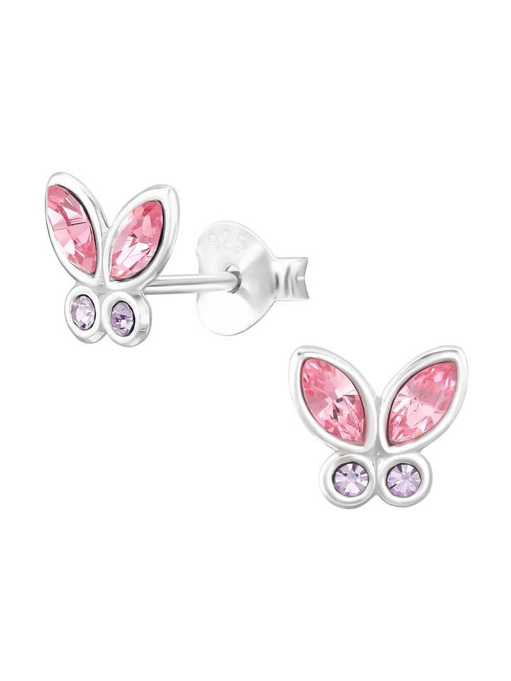 Silver Butterfly Stud Earrings - Crystal - Pink / Purple for wholesale by Nakoa The Label