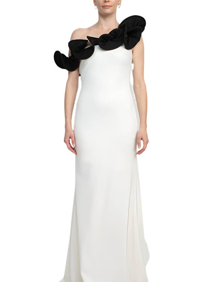 Vestido de Mergulho Sólido Floral de Um Ombro Sem Mangas Alberto Makali por atacado de Immediate Apparel