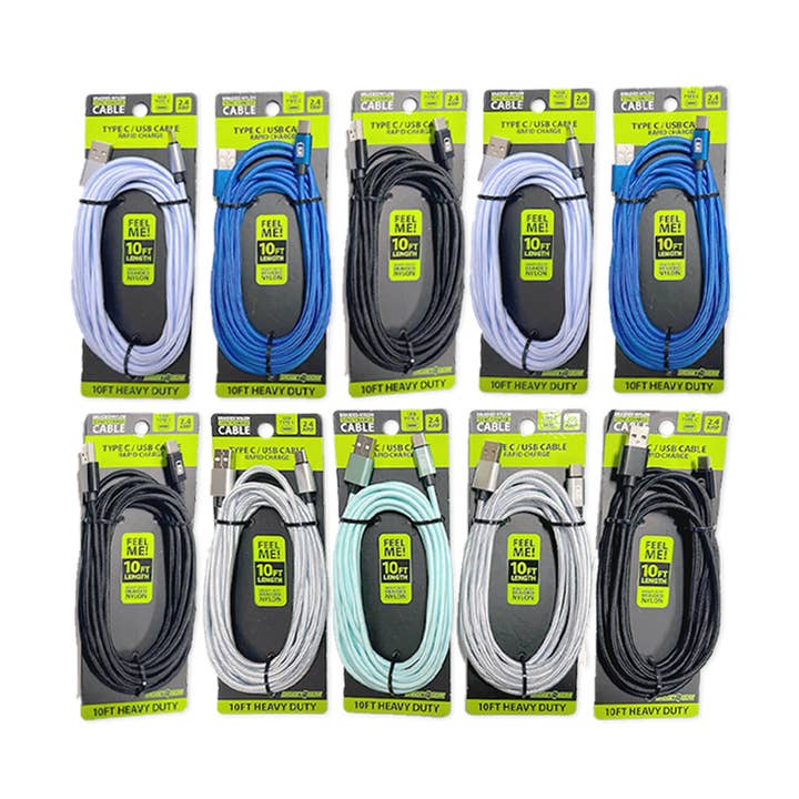 Novelty Brands - Wholesale Charging Cable - Charging Cable USB-to-USB-C 10 FT Bulk Pack- 10/Pack0