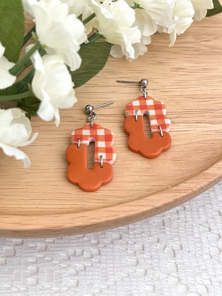 Orange Gingham Clay Earrings for wholesale by Crochet and Clay Cat