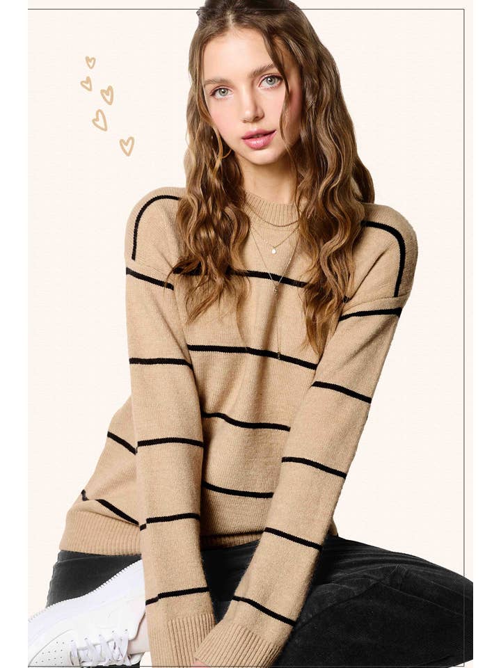La Miel - Wholesale Knit Sweater - Women's - HCS3553-Loose Fit Stripe Long Sleeve Crewneck Sweater