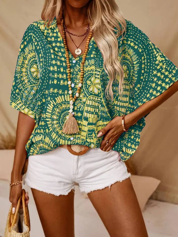 Rosa Clothing - Wholesale Blouse - Women's - Vibrant Boho Pattern V-Neck Blouse