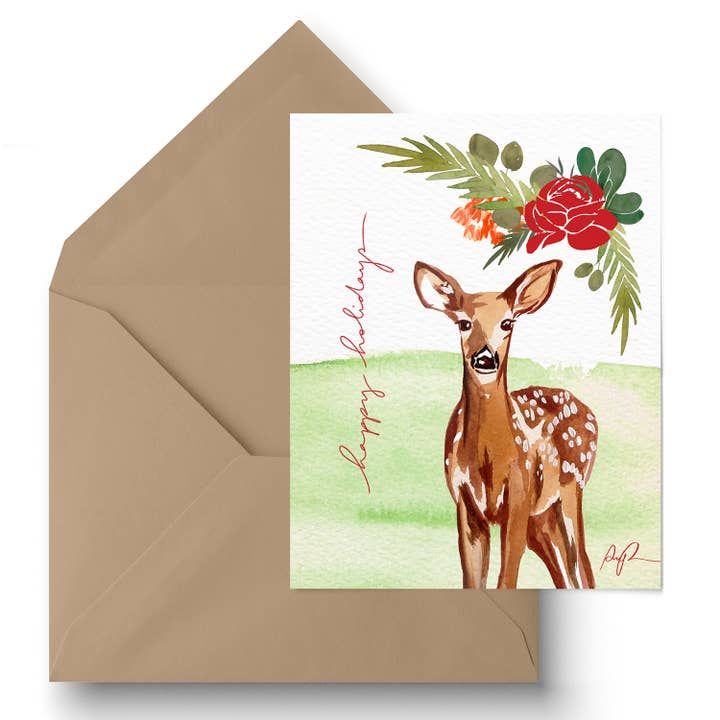 "Festive Fawn" Holiday Greeting Card for wholesale by Paige Poppe Art