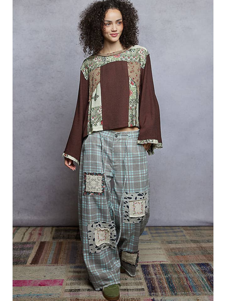 Pol Clothing - Wholesale Blouse - Women's - Long sleeve double gauze printed woven contrast top9