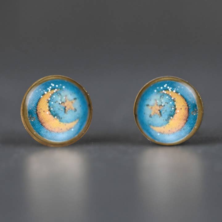 Tiny Picture Studs (Moon & Star Blue Sky) for wholesale by KBD Studio