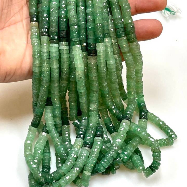 TRIVENI USA INC - Wholesale Beads - Green Aventurine Gemstone Faceted Heishi Disc Beads 7-8mm2
