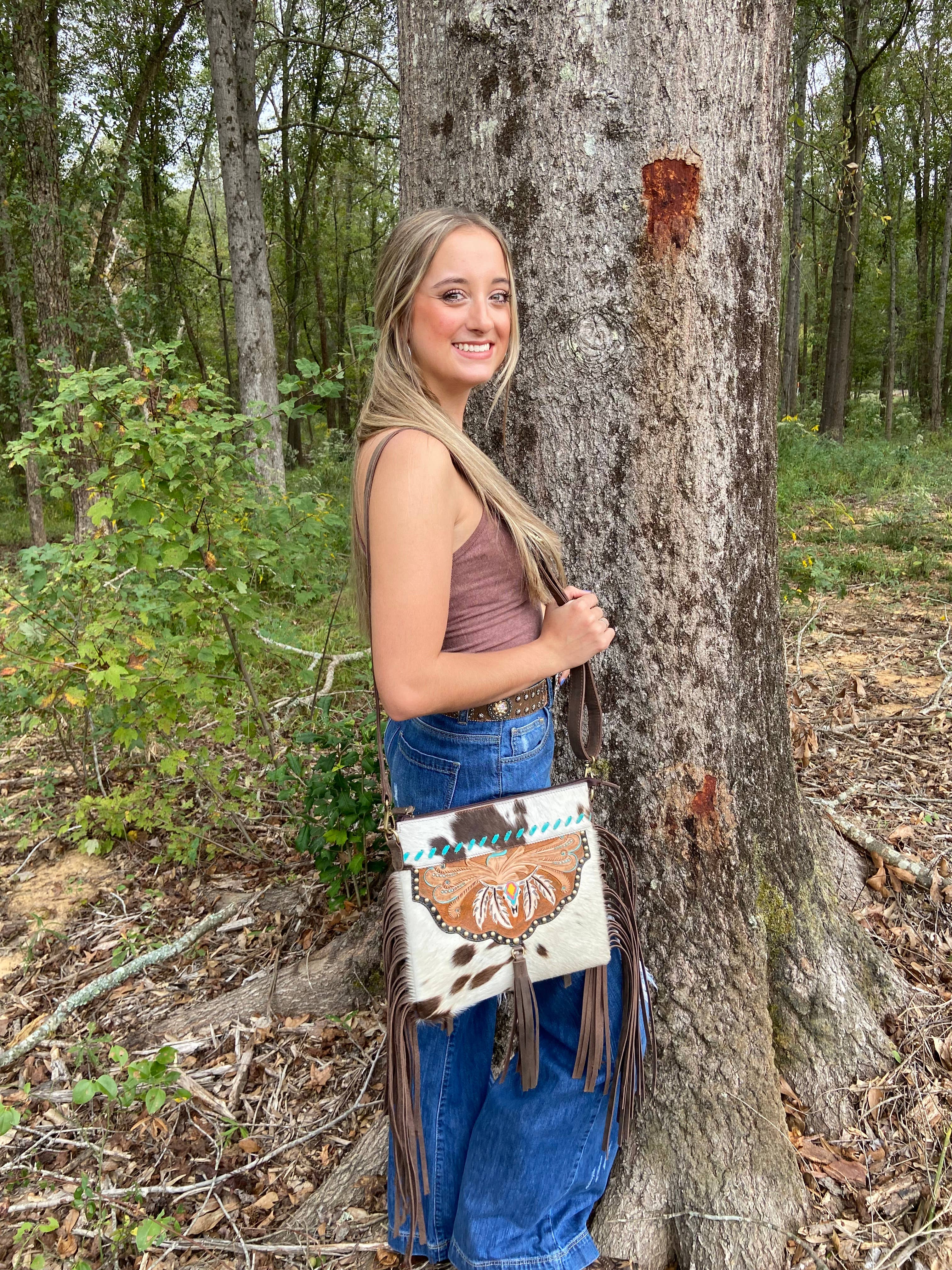 Texas Western Cowhide Bags and More - Vente Sac à bandoulière – femme - Sac à main à franges en cuir de vachette peint à la main3