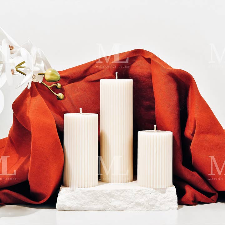Tina Gift Set | Moulded Ribbed Pillar Set of 3 | Eco Soy Wax for wholesale by Maison De Lueur
