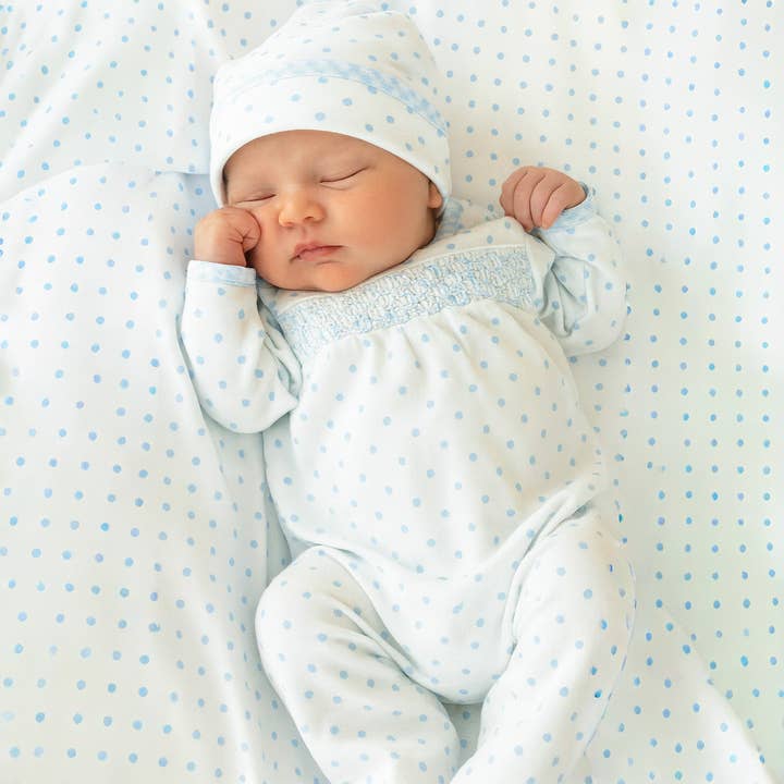 Gingham Dots Smocked Footie - Blue for wholesale by Magnolia Baby